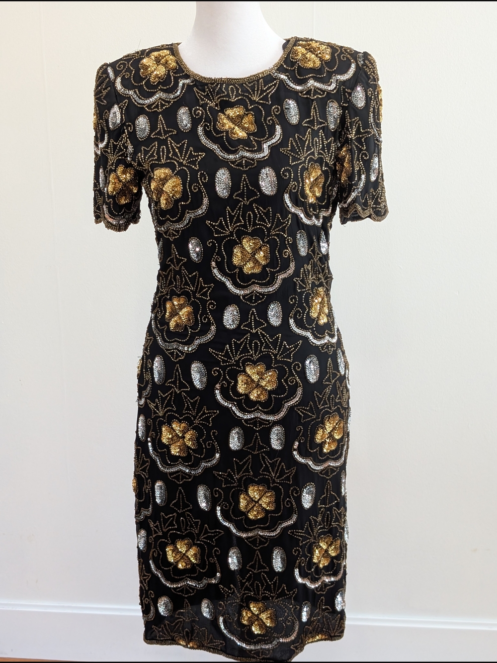 Vintage Adriana Papell EveningBlack Beaded Dress with Gold & Silver Accents